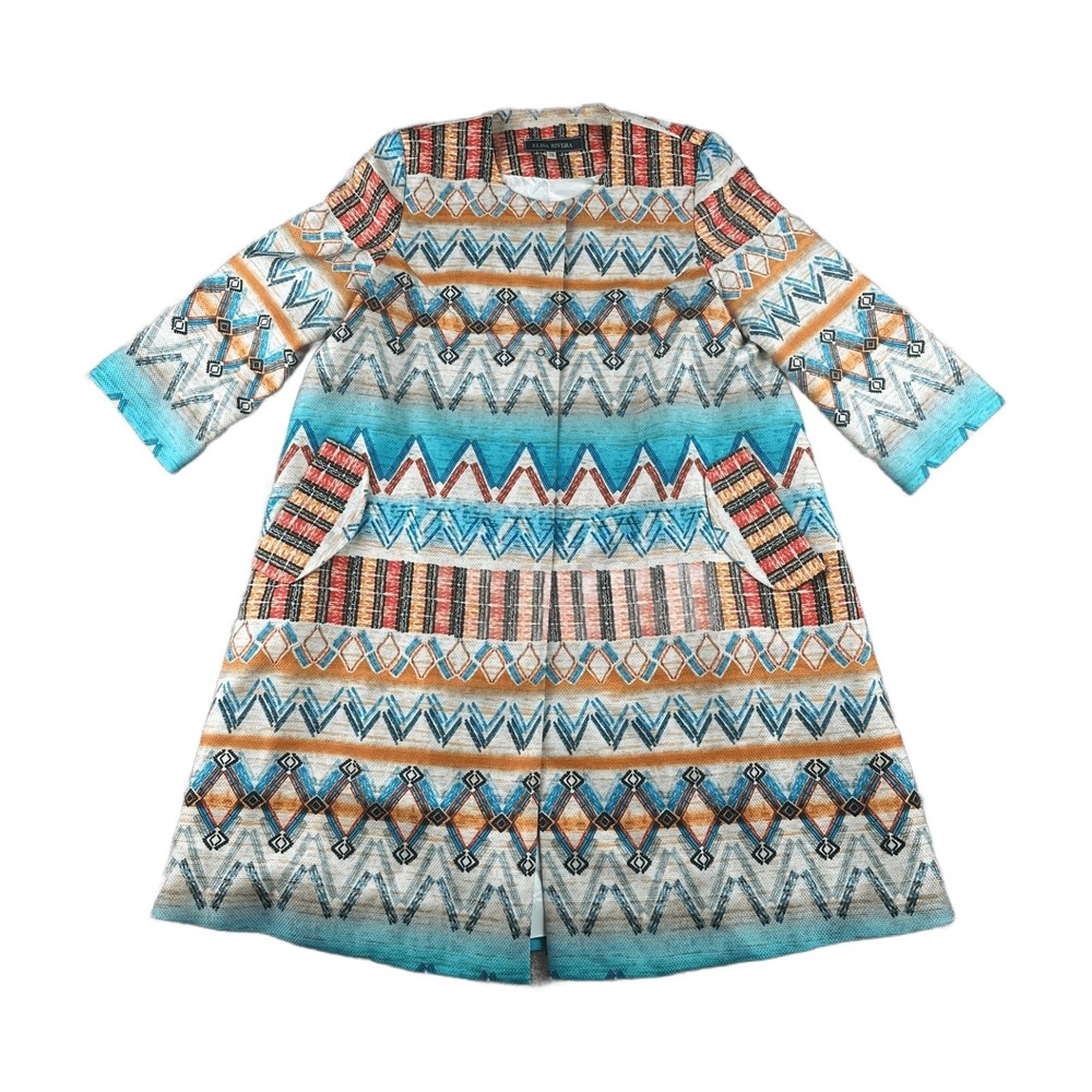 Elisa Rivera‎ Topper Coat Women 38 Multi Color Geometric 3/4 Sleeve Aztec Boho